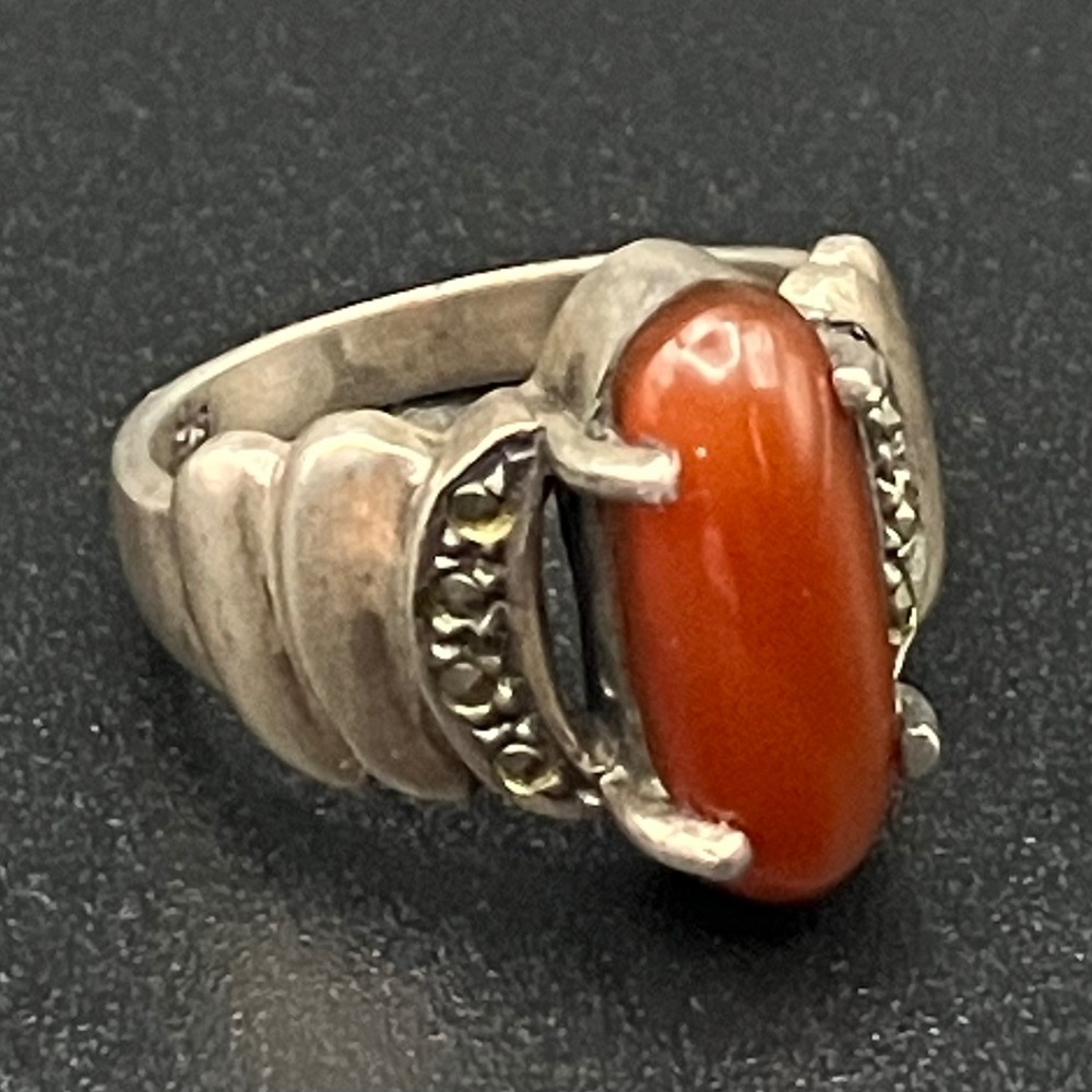 Sterling Silver Ring Marcasite Faux Carnelian Fluted Deco Style 5.5